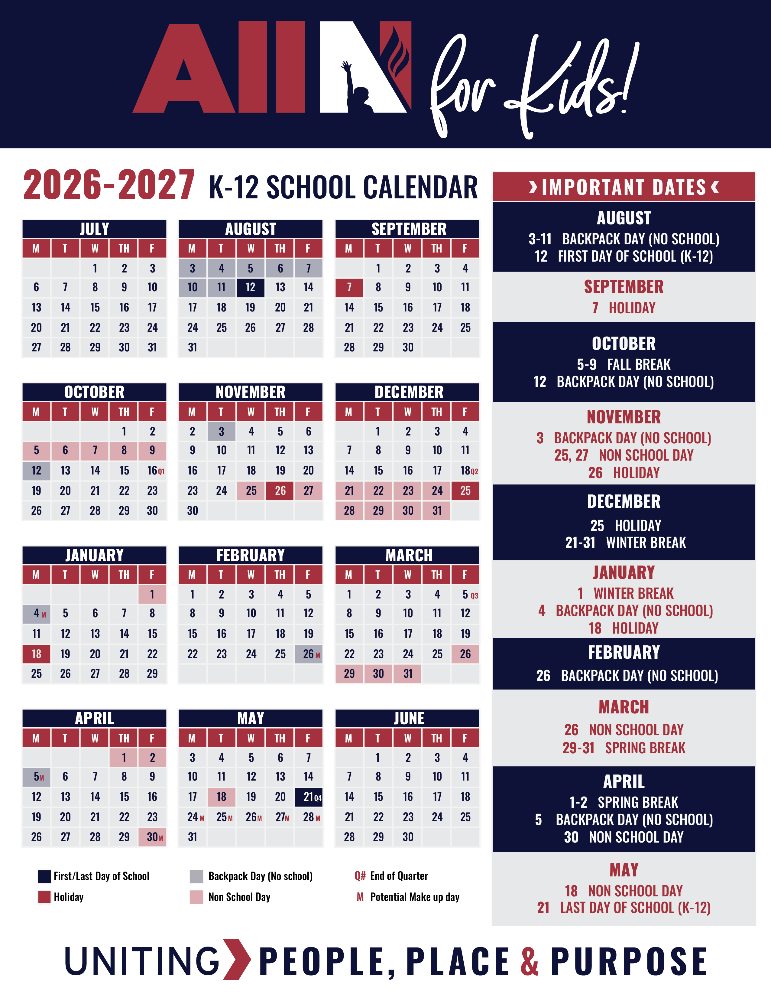 2026-2027 School Calendar for Nelson County Schools